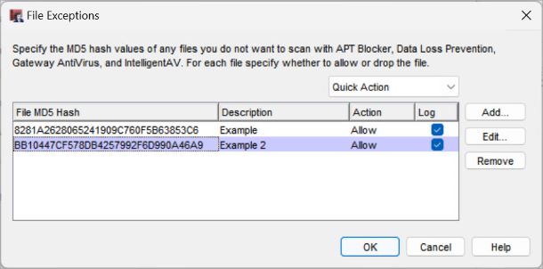Screenshot of the File Exceptions dialog box with a file selected.