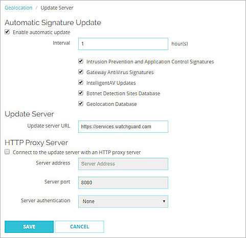 Screen shot of the Update Server tab