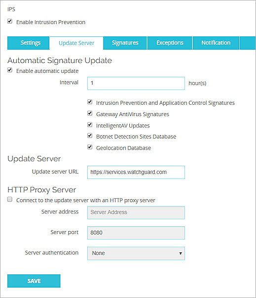 Screen shot of the IPS page, Update Server tab