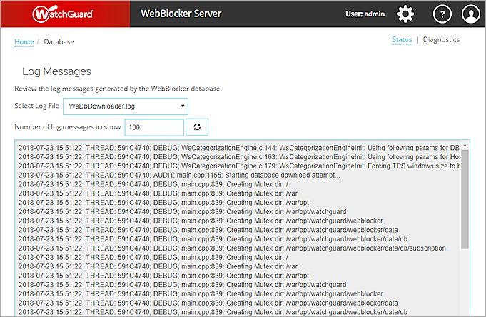 Screenshot of Database page Diagnostics tab.