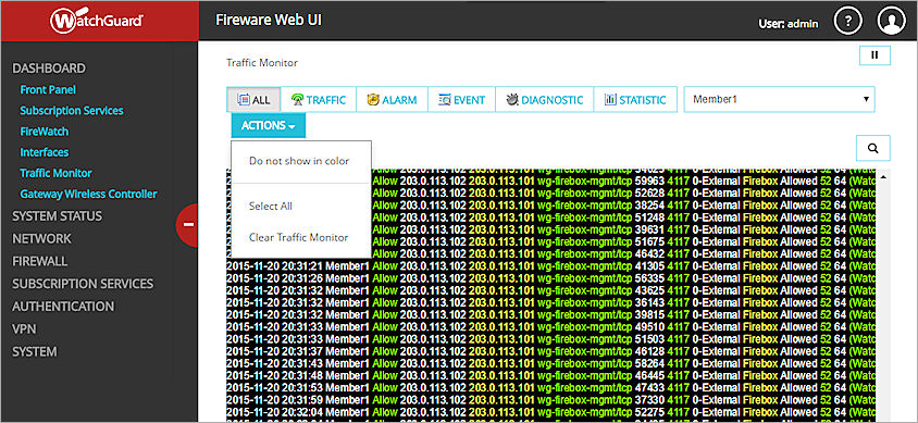 Screen shot of the Traffic Monitor page, Display options menu