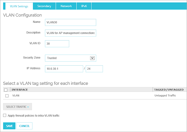 Screen shot of the VLAN Configuration page for VLAN30