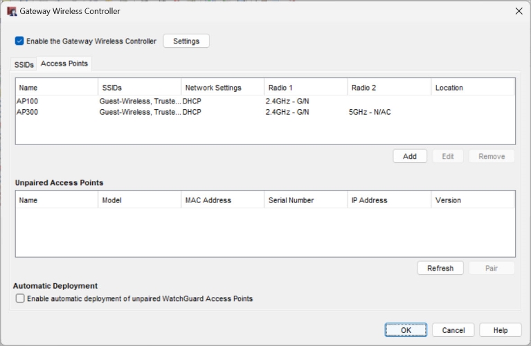 Screen shot of the Gateway Wireless Controller dialog box, Access Points tab