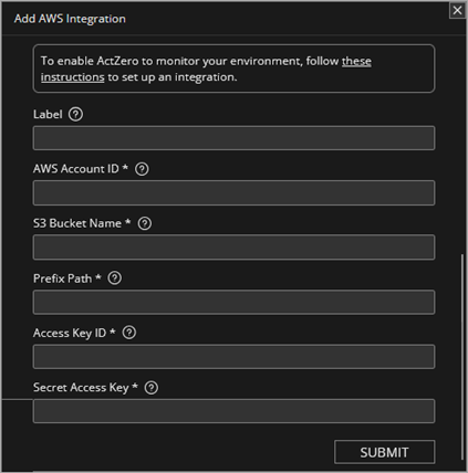 Screenshot of Managed Services portal AWS integration settings dialog box