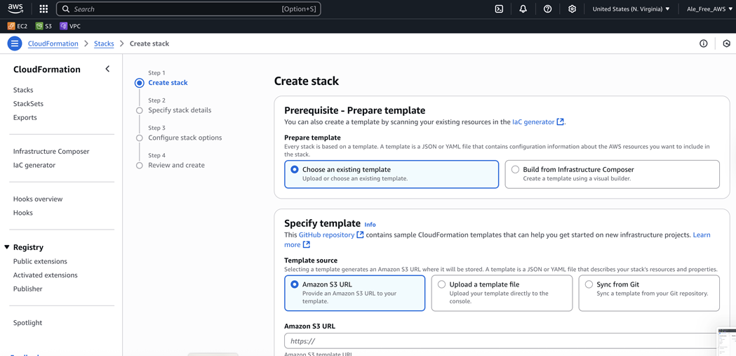 Screenshot of the CloudFormation Create Stack page