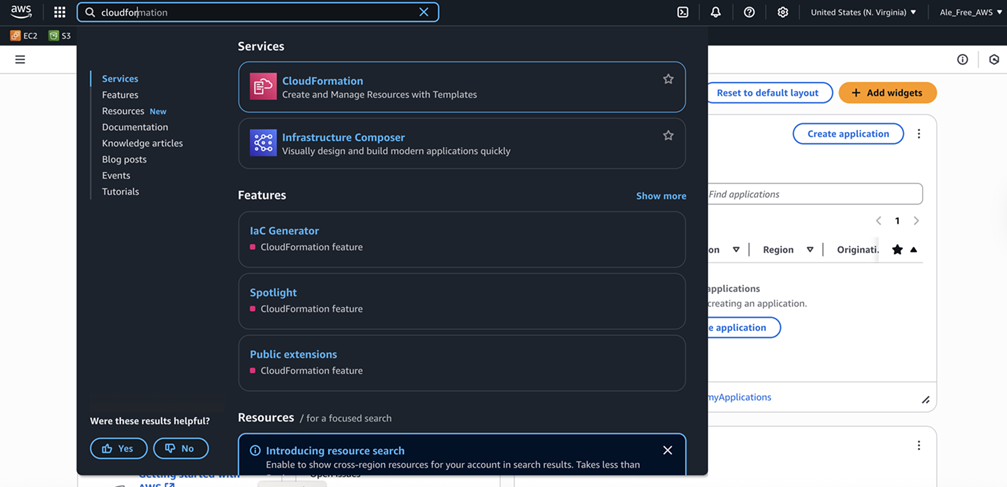 Screenshot of the AWS Management Console search box page