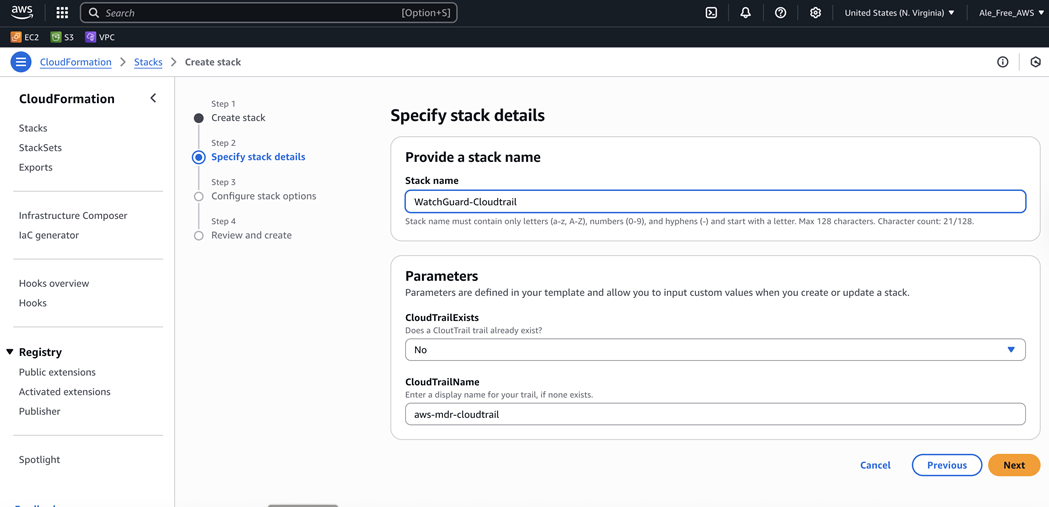 Screenshot of the Specify stack details page