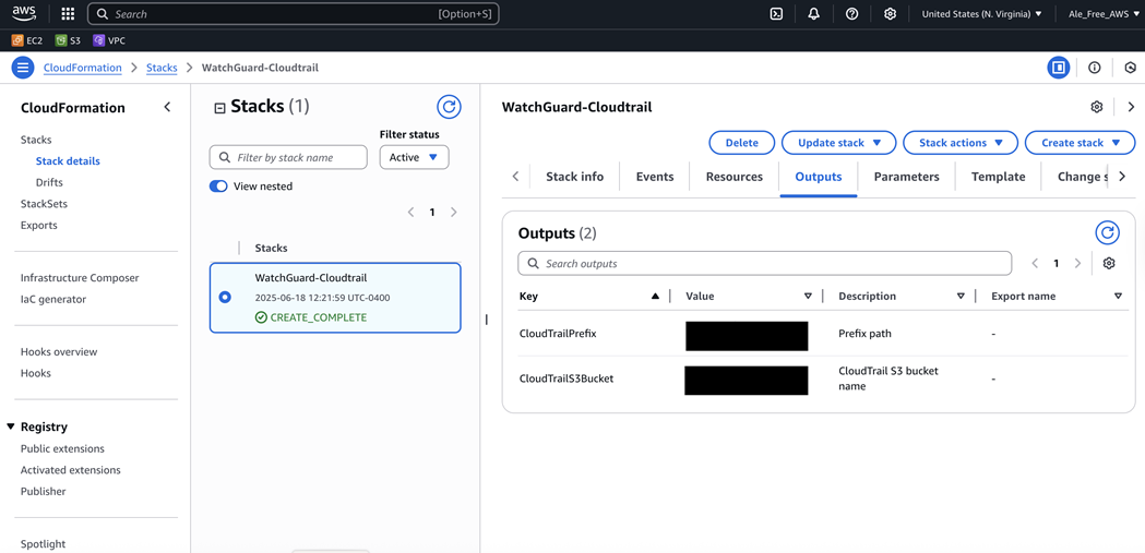 Screenshot of the stack outputs