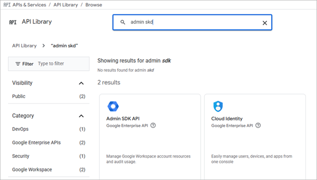 Screen shot of Google Workspace Admin SDK API search results