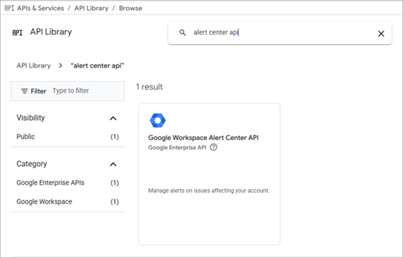 Screen shot of Google Workspace Alert Center API search