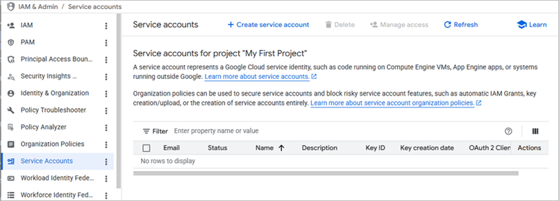 Screen shot of Google Workspace Service Accounts page