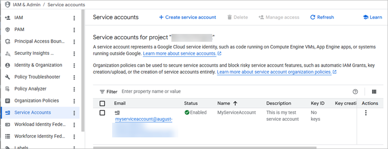 Screen shot of Google Workspace Service Accounts page