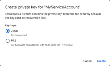 Screen shot of Google Workspace Service Accounts Create Private Key dialog box