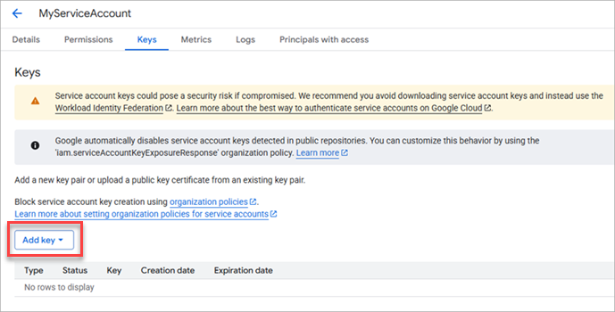 Screen shot of Google Workspace Service Accounts Keys tab