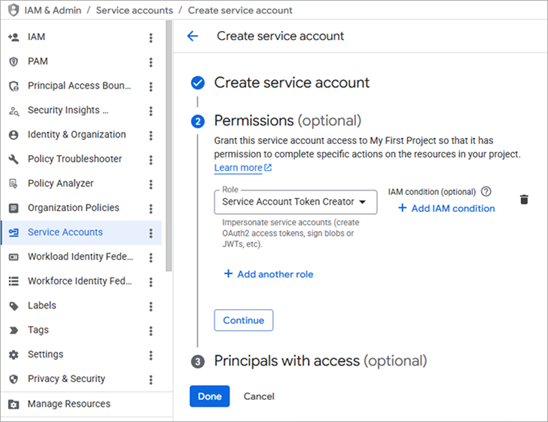 Screen shot of Google Workspace Service Accounts permissions section