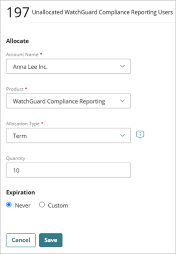 Screen shot of Allocation Users dialog box for Compliance Reporting