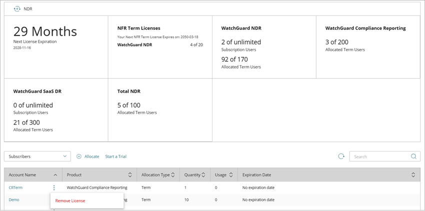 Screen shot of remove licenses in Compliance Reporting