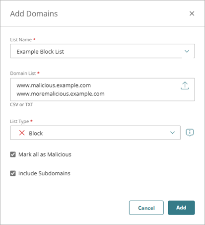 Screenshot of the Add Domains dialog box with all fields completed.