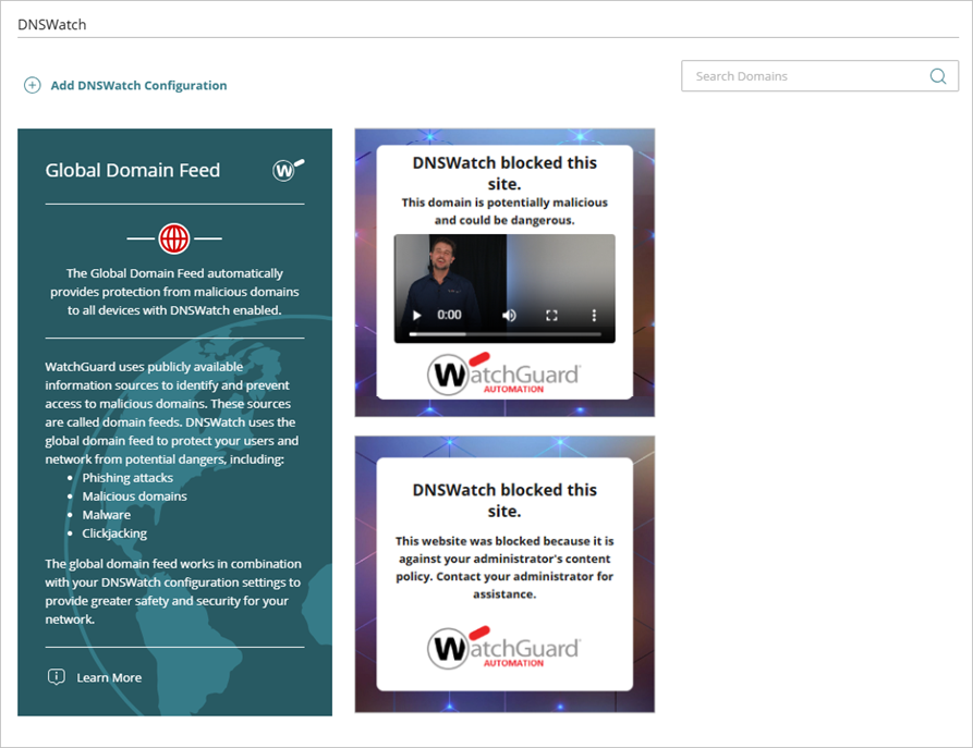 Screenshot of the DNSWatch in WatchGuard Cloud page. 
