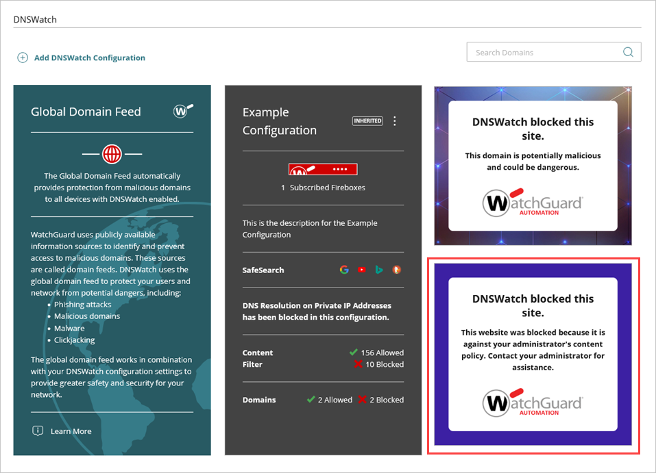 Screenshot of the DNSWatch in WatchGuard Cloud page with the Content Filtering message highlighted.