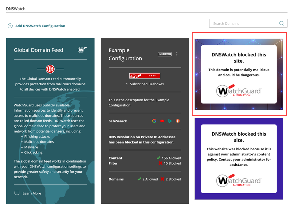Screenshot of the DNSWatch in WatchGuard Cloud page with the Content Filtering message highlighted.