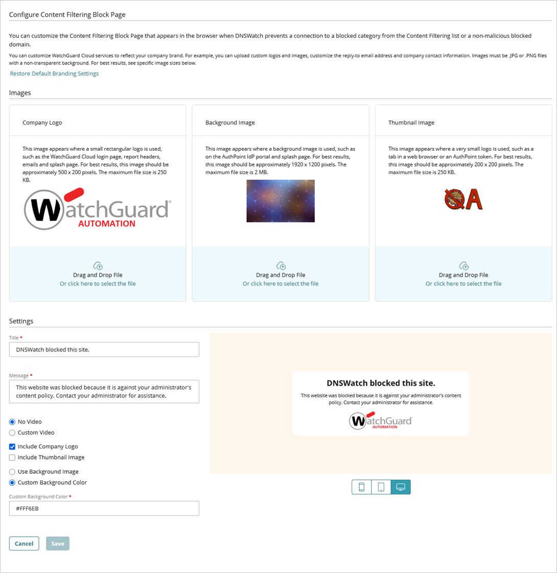 Screenshot of the Configure Content Filtering Block Page in DNSWatch in WatchGuard Cloud.