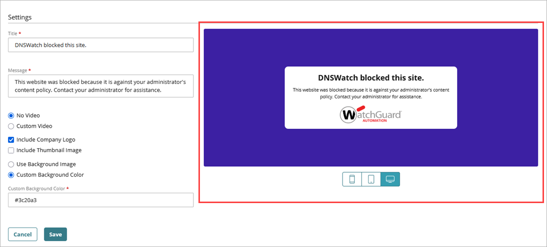 Screenshot of the content filtering block page preview.