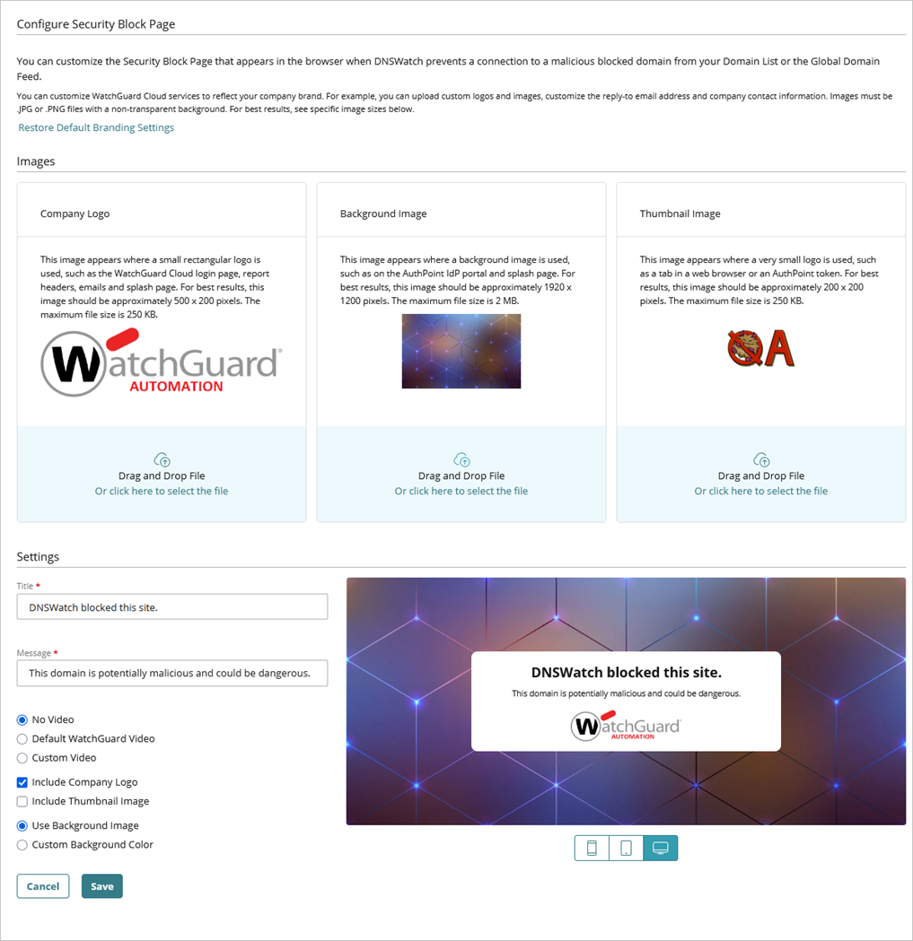 Screenshot of the Configure Security Block Page in DNSWatch in WatchGuard Cloud.