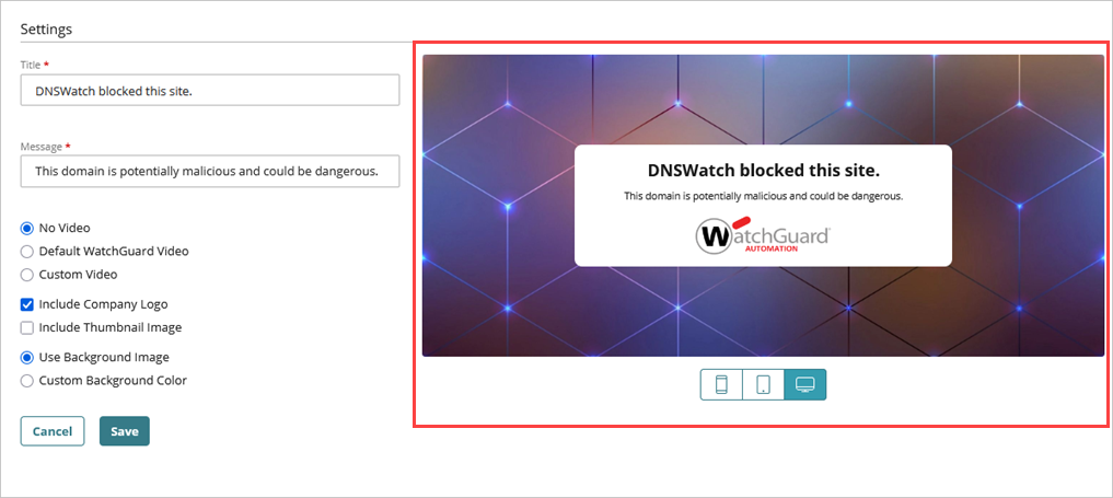 Screenshot of the security block page preview.