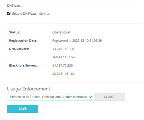 Screen shot of the DNSWatch configuration page with Registration Status and DNS Servers