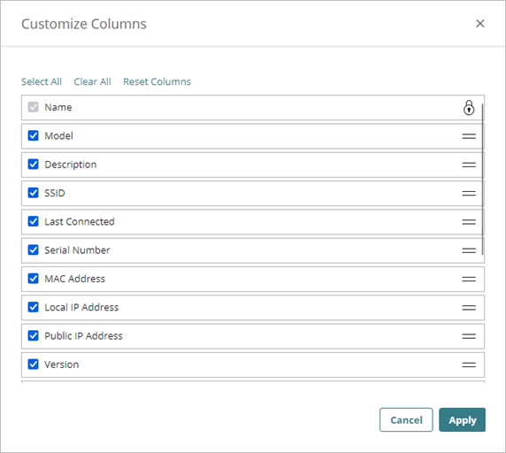 Screenshot of the Customize Columns page in the Access Point Device Settings page