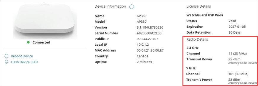 Screen shot of the Radio Details on the Device Settings page for an access point