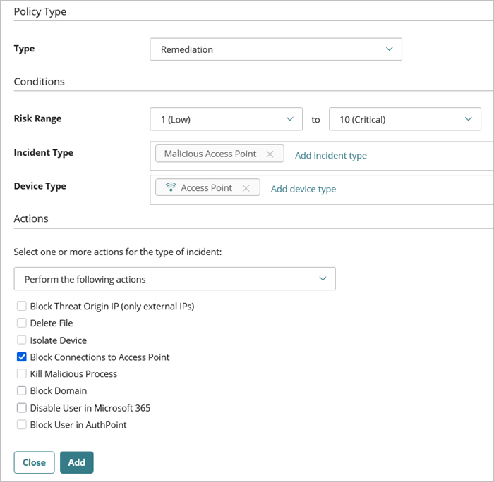 Screenshot of a ThreatSync automatic policy to block connections to malicious access points