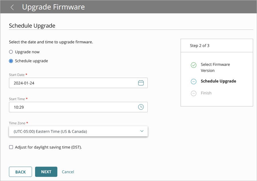 Screenshot of the Upgrade Firmware wizard, Schedule Upgrade
