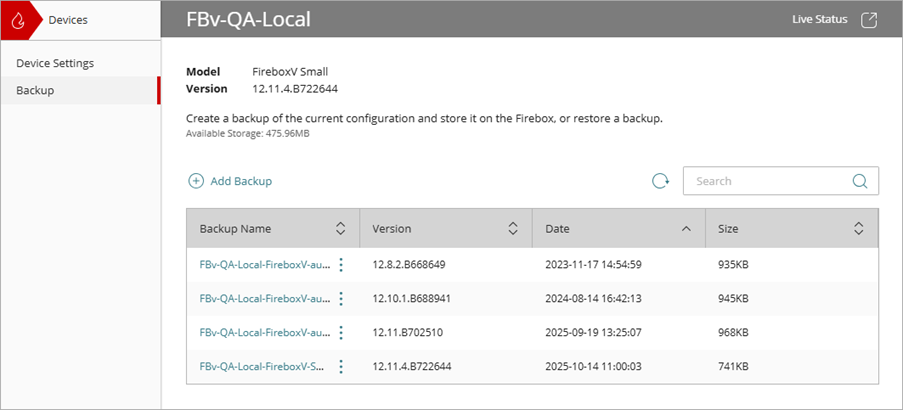 Screen shot of the Backup page for a Firebox