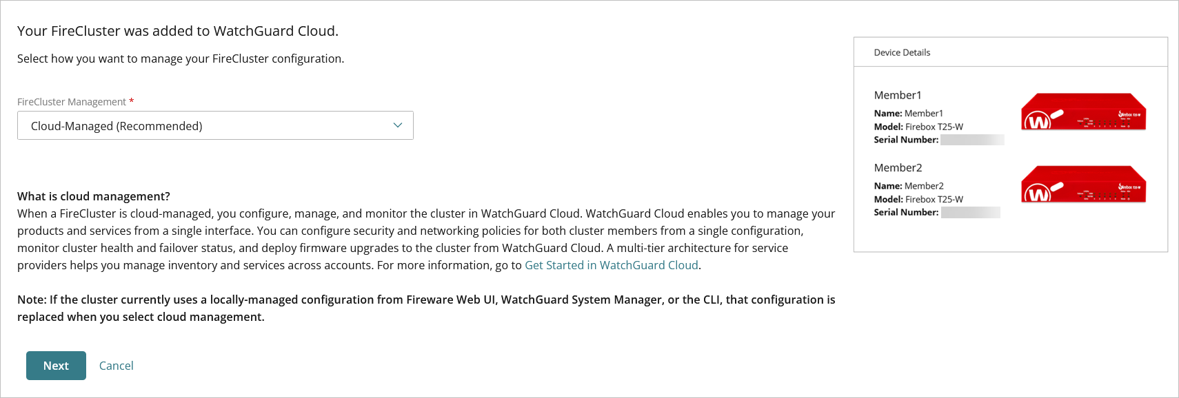 Screen shot of the Add Device Wizard confirmation page for FireCluster