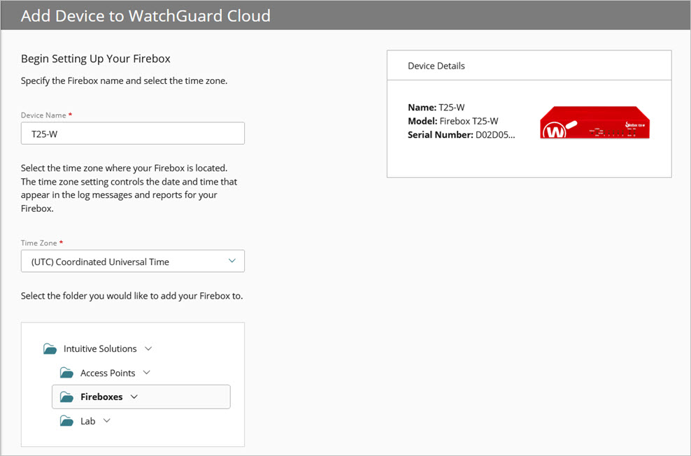 Screen shot of the Device Name, Time Zone, and Folder Settings in the Add Device wizard