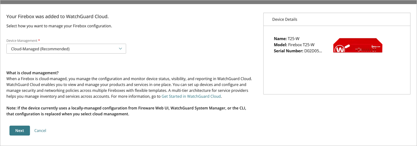 Screen shot of the Add Device page with the Cloud Management option selected