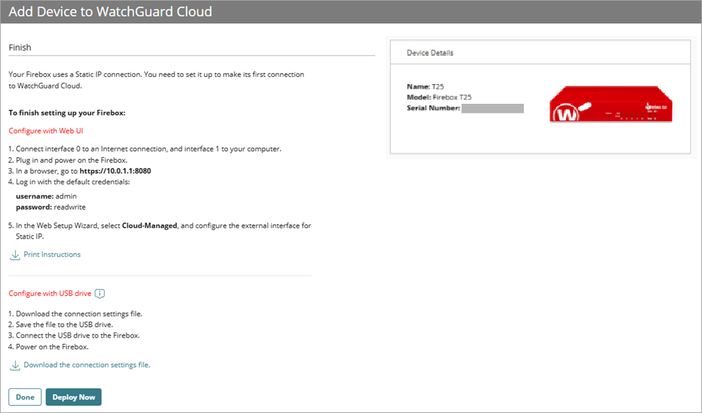 Screenshot of the Finish page with Deploy Now in the Add Device wizard