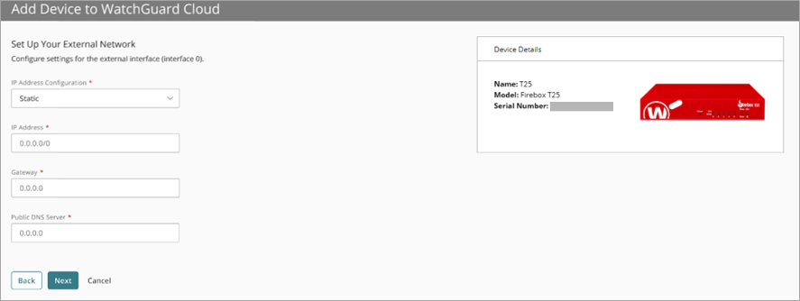 Screenshot of the external network configuration page in the Add Device wizard