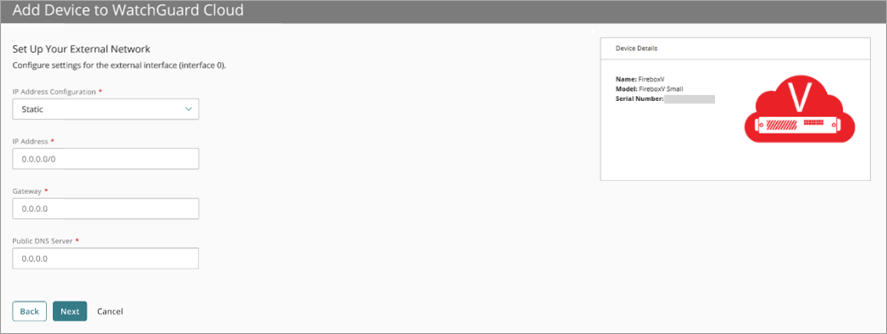 Screenshot of the External network configuration page in the Add Device wizard