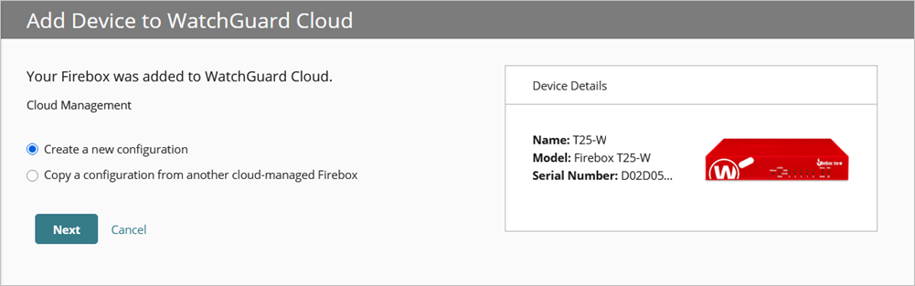 Screen shot of the Add Device wizard with the new or copy configuration selection