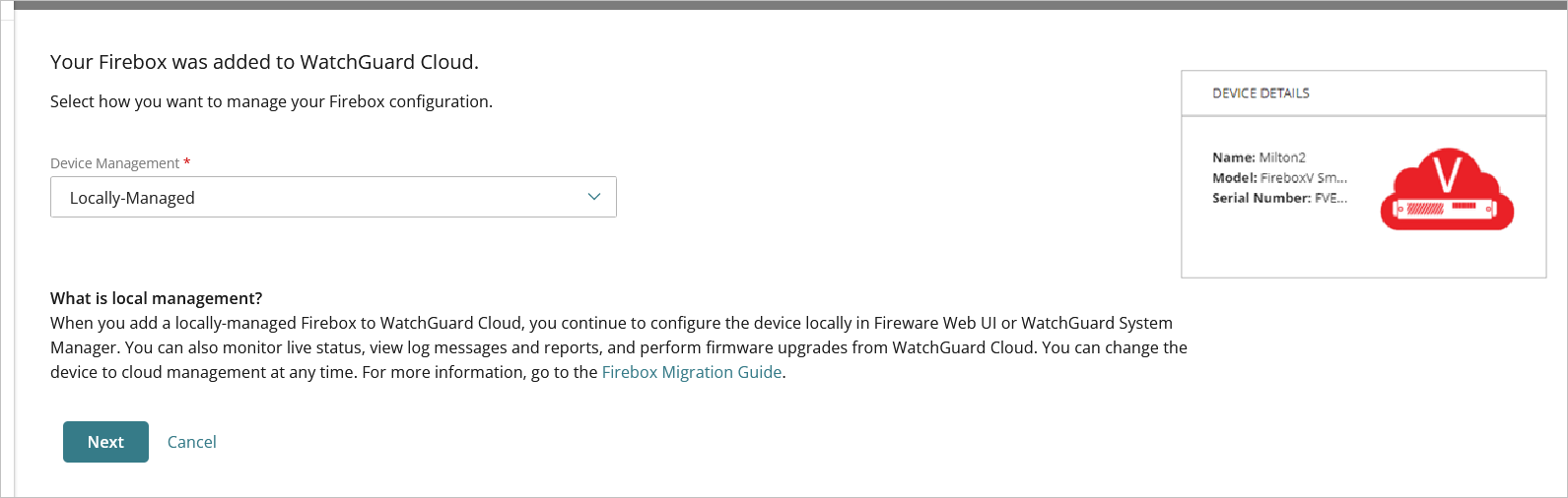 Screen shot of the Add Device page with the Local Management option selected