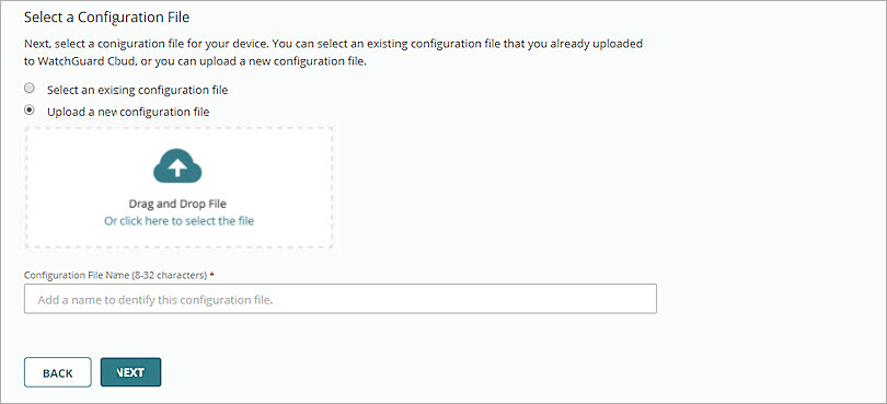 Screen shot of the Upload a new configuration file option