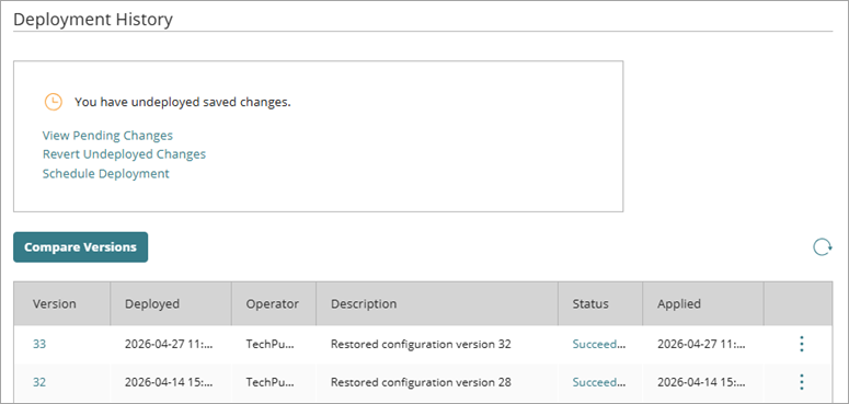 Screenshot of the Deployment History page with undeployed changes