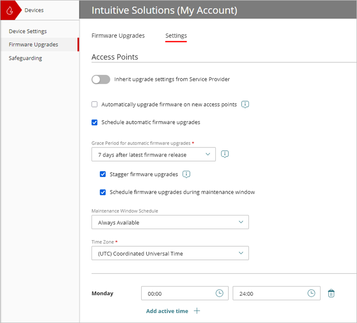Screenshot of Firmware Upgrades page in WatchGuard Cloud, Settings tab