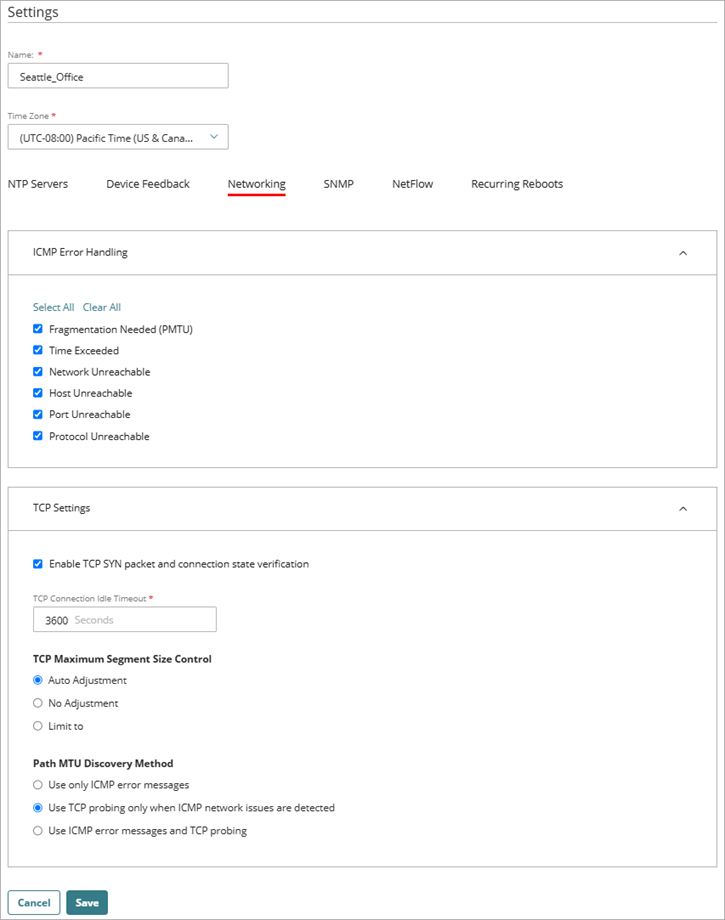 Screenshot of the Networking tab on the Settings page for a cloud-managed Firebox