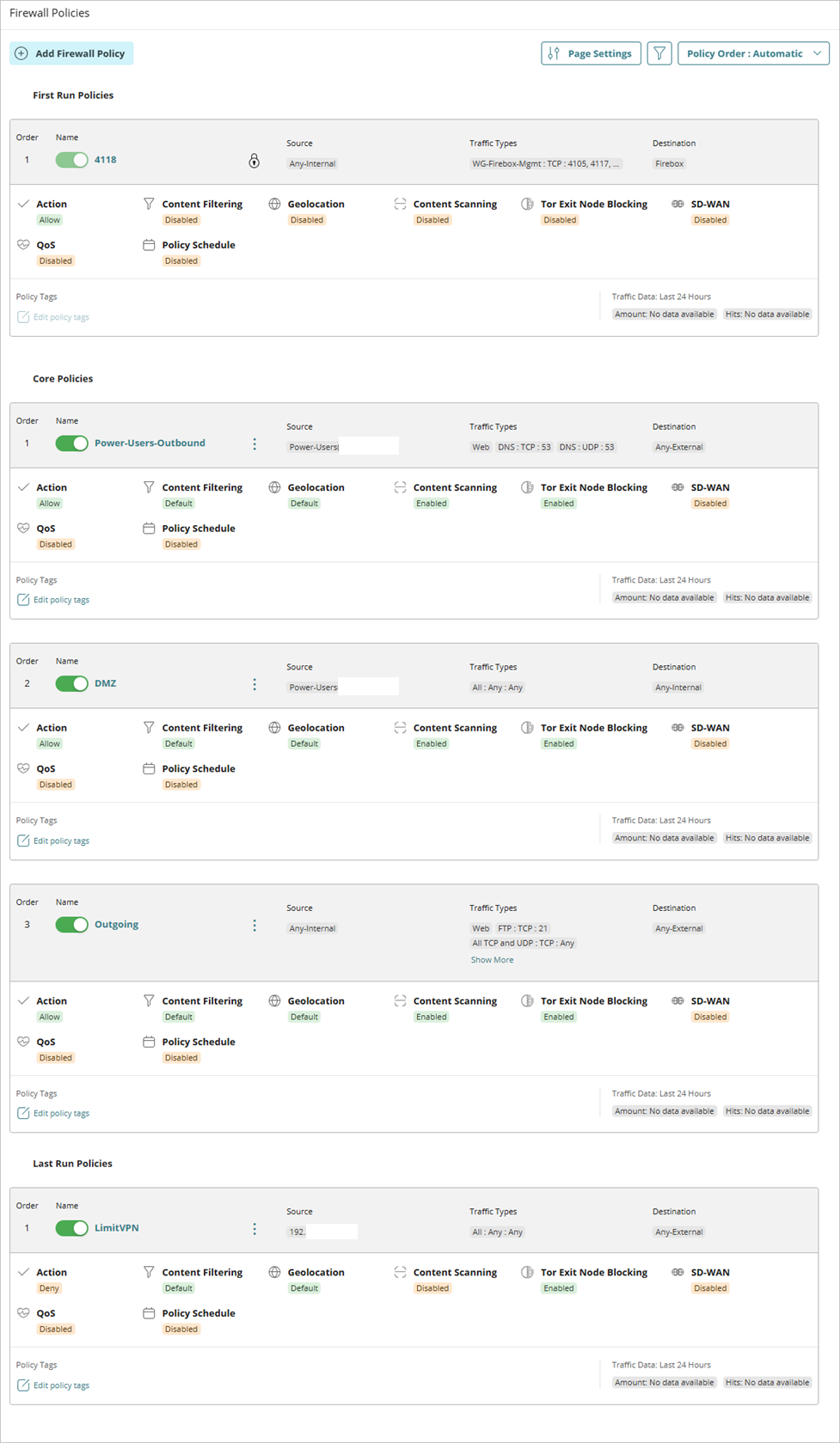 Screenshot of the Firewall Policies page in WatchGuard Cloud.