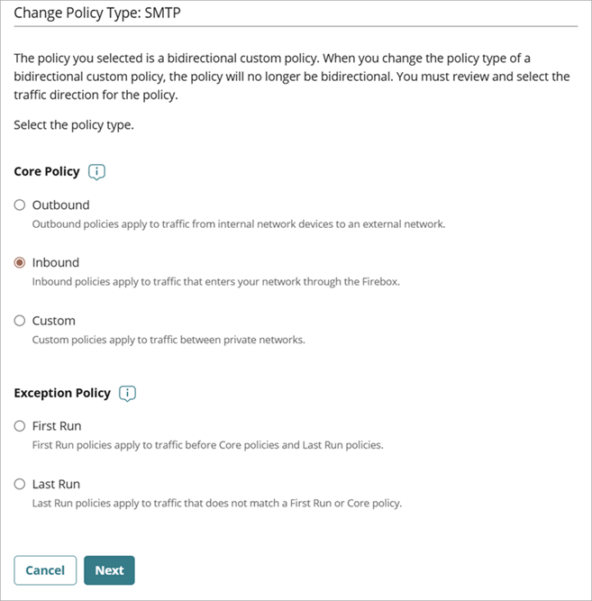 Screenshot of the Move Firewall Policy page for a bidirectional policy.