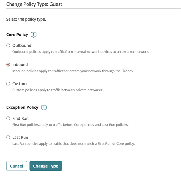 Screenshot of the Change Policy Type page.